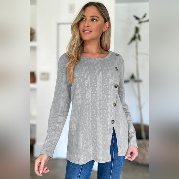 Slit Round Neck Long Sleeve Button T-Shirt - Picture 3 of 5